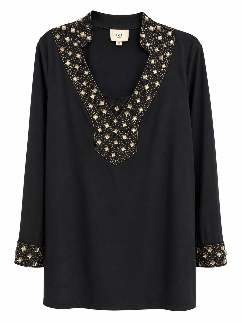 ECI Black Tunic with Gold Embellished V-Neck